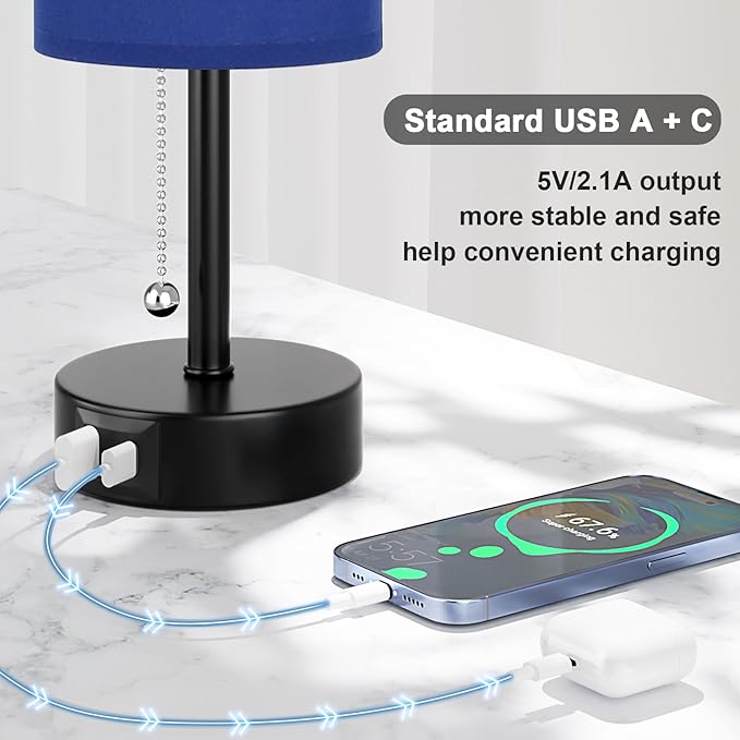 Blue Table Bedside Lamp for Bedroom Nightstand - Small Lamp with USB A + C Charging Port, 3 Color Temperatures Pull Chain Night Stand Light with Bulb, Side Table Desk Reading Lamp for Living Room - LeafyLoom