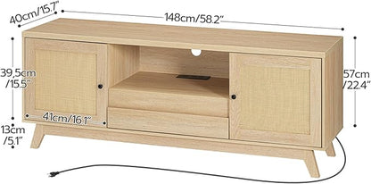 HOOBRO Rattan TV Stand for up to 65 inches TV, Large Boho Media TV Console with Charging Station, Mid Century Entertainment Center with Drawer and Adjustable Shelves for Living Room, Natural NL24UDS01 - LeafyLoom