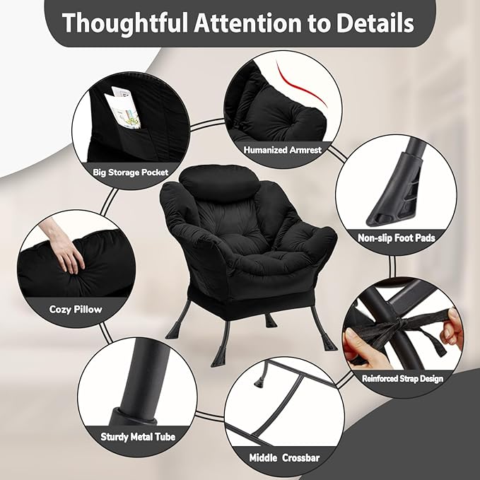 Lazy Chair Thick Padded, Accent Chair Velvet Upholstered with Wide Seat, Stable Metal Frame and Non-Slip Pad, Modern Sofa Armchair with Side Storage Bag for Dorm, Room, Office, Black - LeafyLoom