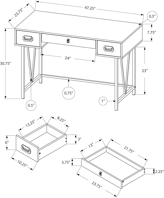 Monarch Specialties Laptop Table with Drawers-Industrial Style-Metal Legs Computer Desk Home & Office, 48" L, Grey Reclaimed Wood Look - LeafyLoom