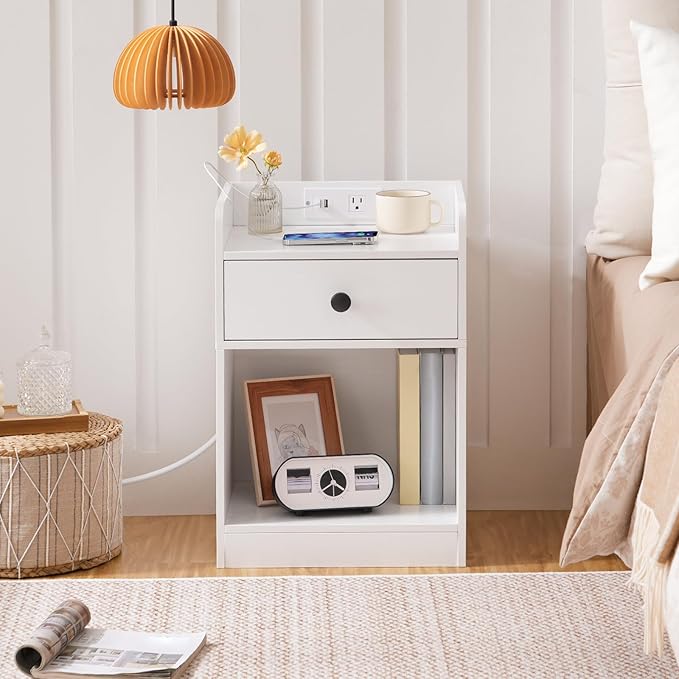 HOOBRO Nightstand with Charging Station, End Table with Drawer and Opening Shelf, Side Table with USB Ports and Outlets, Bedside Table for Bedroom, Small Night Stand Simple Style, White WT18UBZ01 - LeafyLoom