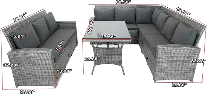 5 Pieces Outdoor Rattan Patio Furniture Sectional, Seater Conversation Set with 3 Storage Under Seat Wicker + Dark Cushion for Backyard, Deck, Poolside, Zl-Grey - LeafyLoom