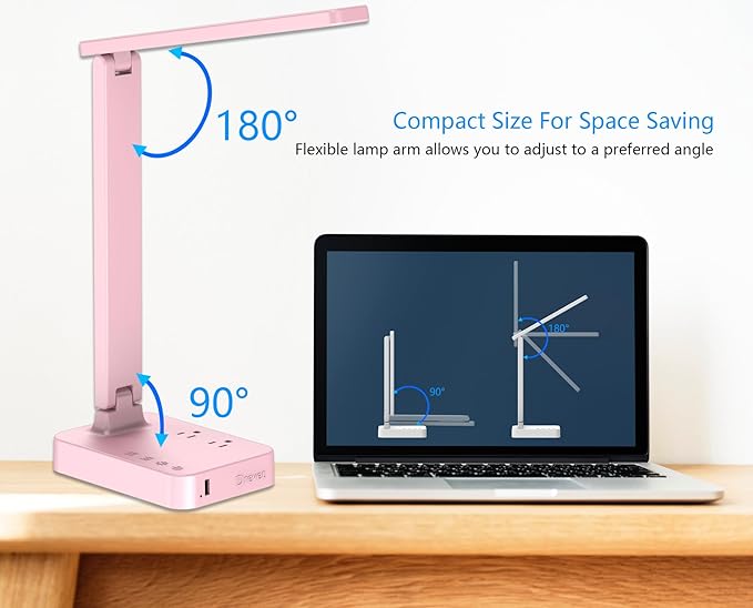 Drevet LED Desk Lamp, Desk Light with 1 USB Charging Port and 2 AC Power Outlet, 3 Lighting Modes, 3 Level Brightness,1H Timer, Touch Control, Eye-Caring Home Office Foldable Table Lamp (Pink) - LeafyLoom