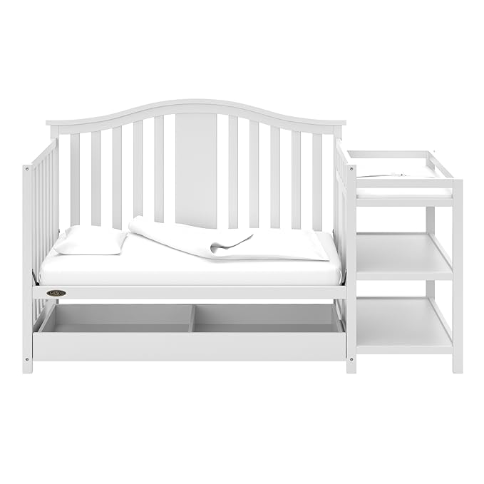 Graco Solano 4-in-1 Convertible Crib and Changer with Drawer (White) – Crib and Changing Table Combo with Drawer, Includes Changing Pad, Converts to Toddler Bed, Daybed and Full-Size Bed - LeafyLoom