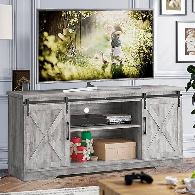 IDEALHOUSE TV Stand Farmhouse Entertainment Center for 65 Inch TV & Media Furniture, Rustic TV Stands with Storage and Barn Doors TV Console Table Under TV Cabinet for Living Room, Rustic Grey - LeafyLoom