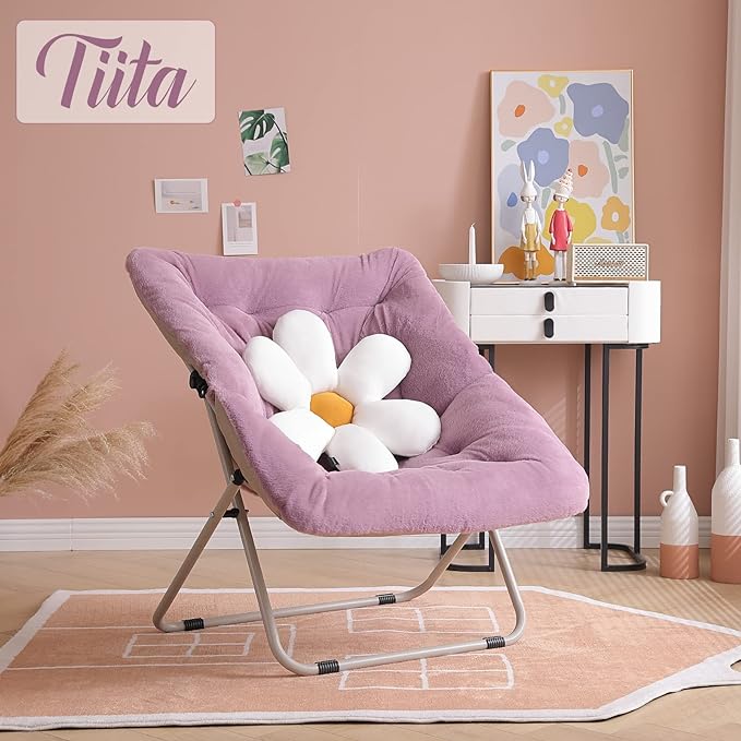 Tiita Comfy Saucer Chair, Soft Faux Fur Oversized Folding Accent Chair, Lounge Lazy Chair for Kids Teens Adults, Metal Frame Moon Chair for Bedroom, Living Room, Dorm Rooms - LeafyLoom