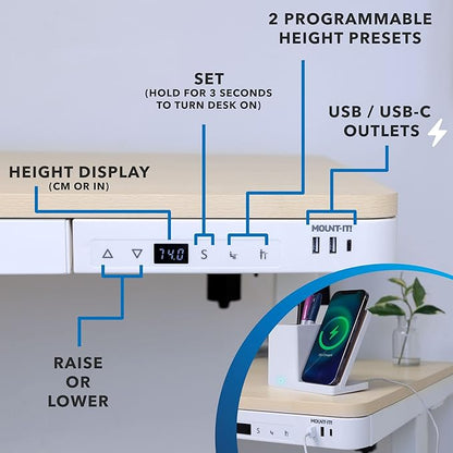 Mount-It! 47.2" Wide x 28.3" Deep Electric Height Adjustable Desk, Ergonomic Standing Workspace, Height Adjustment up to 46.5" Tall, Large Desktop, USB Ports, Drawer, Home Office, White, Maple Top - LeafyLoom