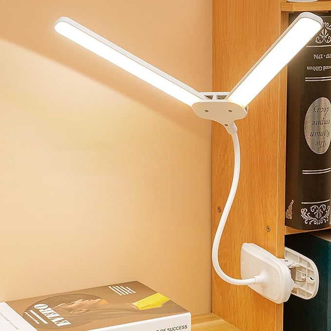 Dual Head LED Desk Lamp with Clamp, Eye-Caring Clip on Lights for Home Office, 4000mAh Rechargeable Battery Operated Table Lamps,3 Lighting Modes & Brightness Dimmer Light for Kids Students - LeafyLoom