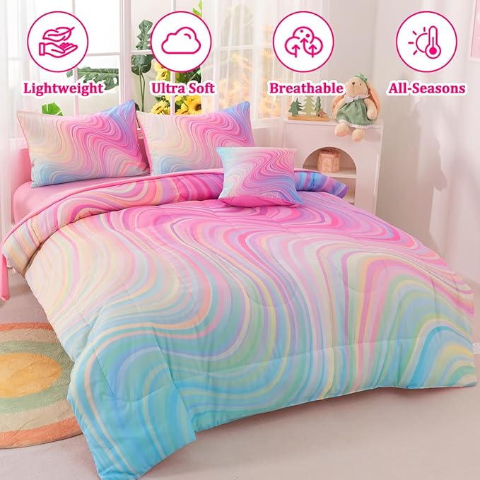 Girls Full Bedding Sets, 6 Pcs Pink Full Szie Comforter Set with Sheets, Tie Dye Superior Blue Pink Rainbow Bedding Set for Girls Kids - LeafyLoom