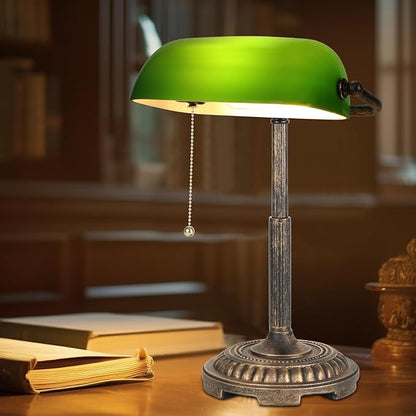 Bankers Lamp, Green Desk Lamp with Pull Switch, Vintage Table Lamps for Home Office, Library, Piano LED Bulb Included (Green) - LeafyLoom