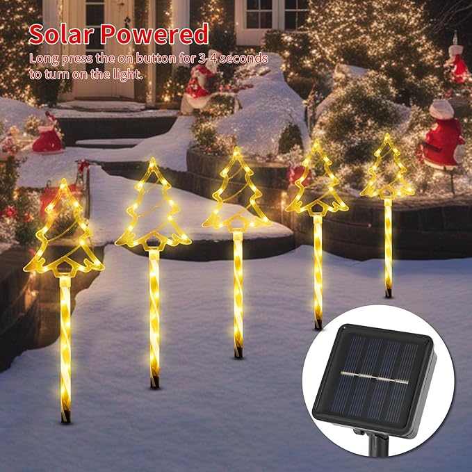 Solar Christmas Pathway Lights Outdoor Decorations, 8 Modes Xmas Tree Candy Lights Waterproof Led Garden Stake Lights for Walkway Yard Lawn Porch Holiday Decor 5-Pack (Warm White Xmas Tree Lights) BRIGHTDECK