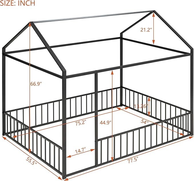 RITSU Full Size Montessori Floor Bed, Metal House Bedframe with Fence, Robust Construction is Used, for Children'S Rooms, Boys Girls, No Box Spring Needed, Easy Assembly, Black - LeafyLoom