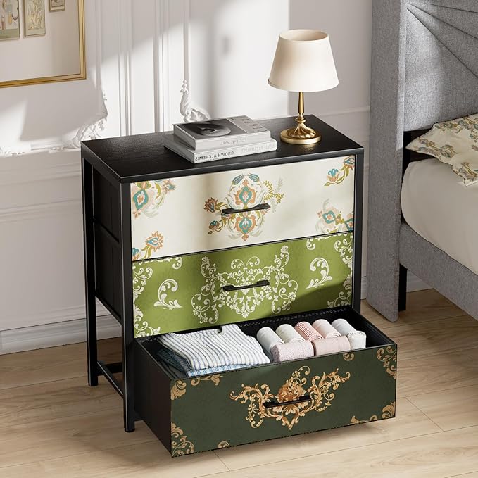 Nightstand, End Table, Bedside Table, Small Tall Boho Dresser for Bedroom with 3 Drawer, Chest of Drawers Fabric Dressers with Wood Top for Closet, Living Room, Retro Flower - LeafyLoom