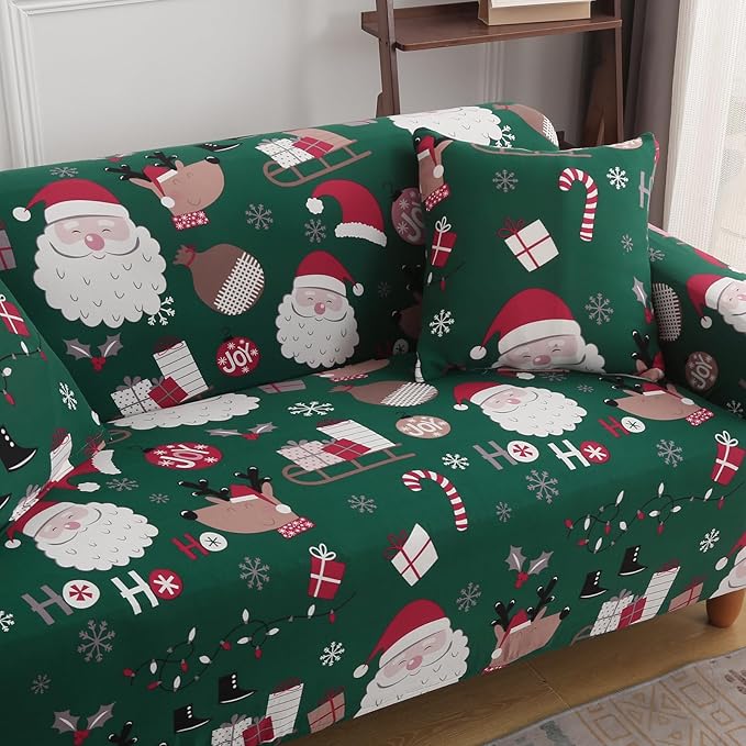 Mybedsoul Christmas Sofa Cover Santa Claus Printed Sofa Couch Cover Washable Furniture Protector with Elastic Bottom Xmas Home Room Festival Decoration(2 Seater/Loveseat) Mybedsoul