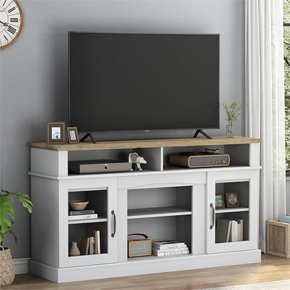 58 Inch TV Stand, Television Stands with 2 Tempered Glass Doors, Storage Cabinet and Shelves, Entertainment Center for Living Room, White+Wood - LeafyLoom