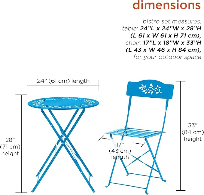 Alpine Corporation Indoor/Outdoor 3-Piece Bistro Set Folding Table and Chairs Patio Seating, Blue - LeafyLoom