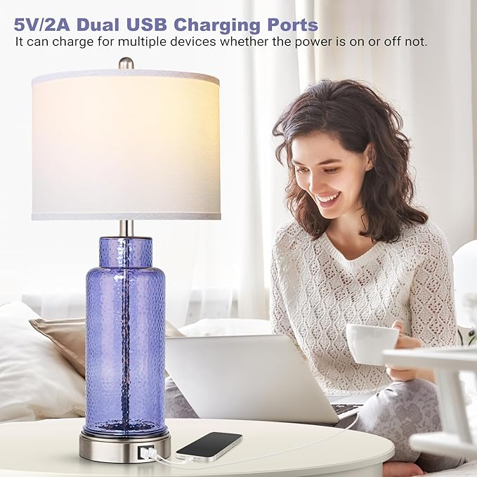 QiMH Table Lamps for Bedrooms Set of 2, Blue Glass Beside Lamps for Living Room with Touch Control USB Ports, 26" Large Modern Coastal Nightstand Lamp White Shade Home Decor(LED Bulbs Included) - LeafyLoom