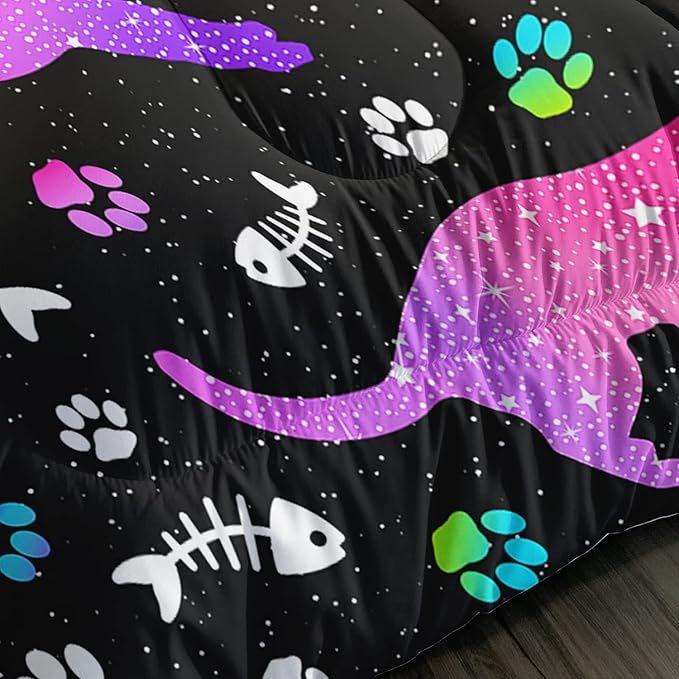 Cute Cat Comforter Kids Bedding Set Full,3Pcs Soft Paw Fish Bone Print Quilt Set Bed in A Bag with 1 Comforter 2 Pillowcases for Kids Boys Girls Teens Adults Room Decor All Season Gradient Purple Blue - LeafyLoom