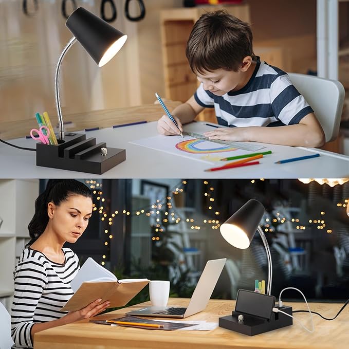 Study Desk Lamp with USB Charging and Type-C Night Light, Gooseneck LED Table Lamp Stepless Dimming Study Table Lamp with Pen Holder for College Dorm Bedroom and Office (Black) - LeafyLoom