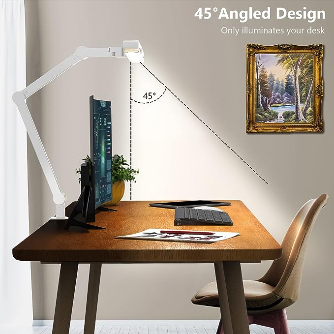 Micomlan Led Desk Lamp for Home Office, White Architect Desk Lamp with Clamp for Crafting, 24W Bright Rotatable Led Desk Light Stepless Dimming Tempering Wide Table Light with Atmosphere Lighting - LeafyLoom