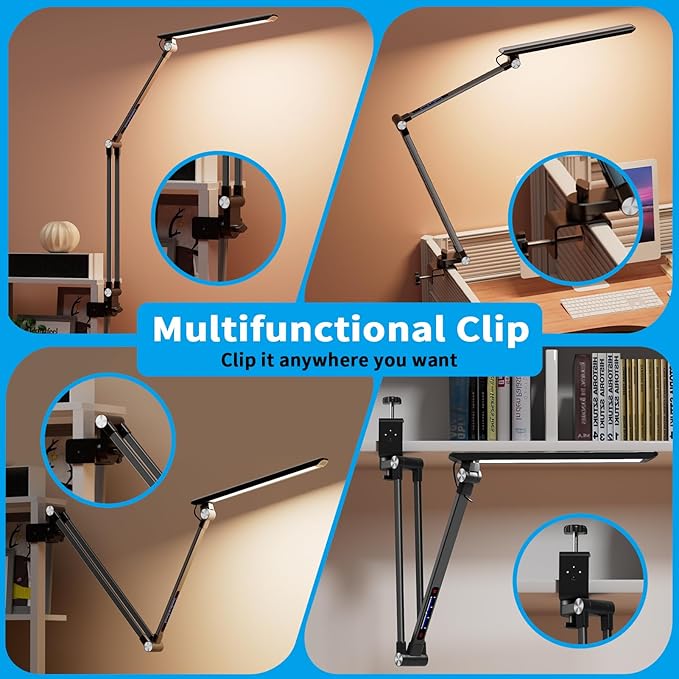 Space Saving LED Desk Lamps,Touch Adjustment 10 Color Temperatures &10 Brightness Eye-Caring Modes, Swing Arm Desk Light with Clamp，Lamp for Home Office 360° Spin Memory Function-Metallic Black - LeafyLoom