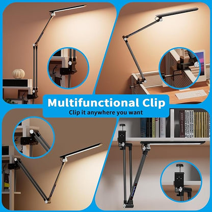 Space Saving LED Desk Lamps,Touch Adjustment 10 Color Temperatures &10 Brightness Eye-Caring Modes, Swing Arm Desk Light with Clamp，Lamp for Home Office 360° Spin Memory Function-Metallic Black - LeafyLoom