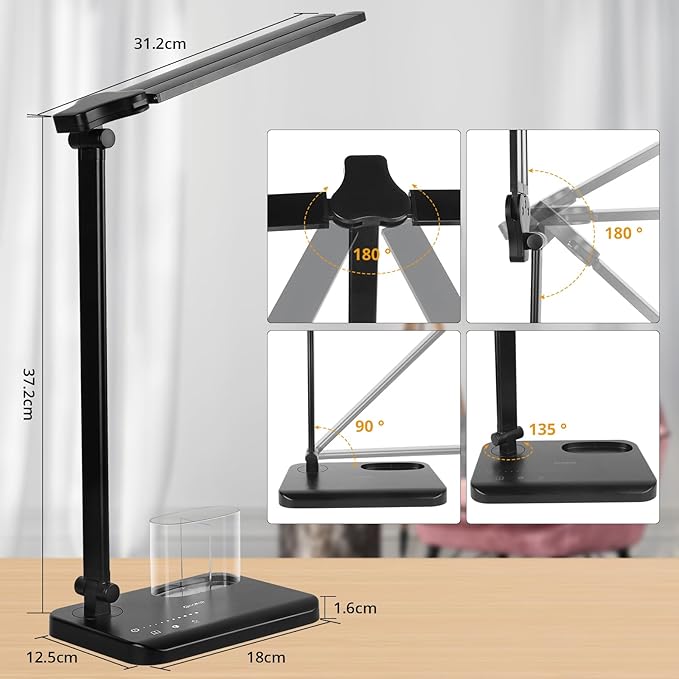 Qooltek Touch Control LED Desk Lamp, Table Lamp with 5 Color Modes Dimmable Brightness for Home Office, Dual Swing Arm USB Charging Port Desk Light, Eye-Caring Reading Light with Pen Holder, Black - LeafyLoom