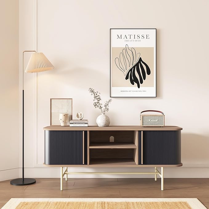 roomfitters Sideboard Buffet Cabinet with Sliding Doors, Mid Century Modern Credenza with 2 Tambour Doors, Minimalist Accent Storage Cabinet for Living Room, Media Console with Storage, Walnut Black - LeafyLoom