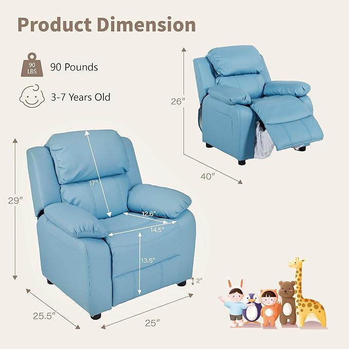 JC Home MACARON Kids Chair Leather Recliner Sofa Toddler Youth Children Child Ages 3-7, Small, Babyblue - LeafyLoom