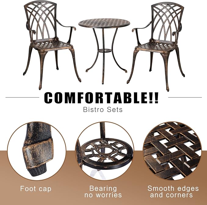 Bistro Set 3 Piece Rustproof Cast Aluminum Patio Furniture Sets Round Table with Umbrella Hole for Outdoor, Patio, Balcony, Bronze - LeafyLoom