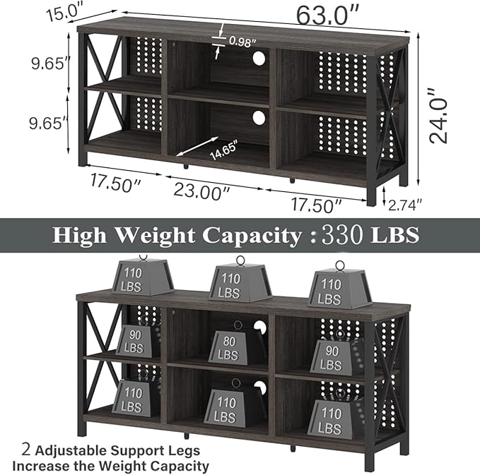 LVB Gray TV Stand for 75 Inch TV, Long Rustic Wood Entertainment Center, Large Farmhouse Media tv console with Storage, Metal Industrial television stands Cabinet for Bedroom, Dark Gray Oak, 63 Inch - LeafyLoom