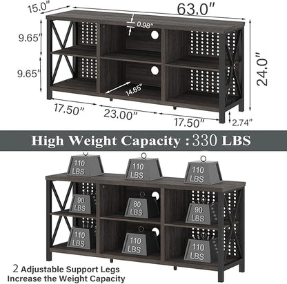 LVB Gray TV Stand for 75 Inch TV, Long Rustic Wood Entertainment Center, Large Farmhouse Media tv console with Storage, Metal Industrial television stands Cabinet for Bedroom, Dark Gray Oak, 63 Inch - LeafyLoom