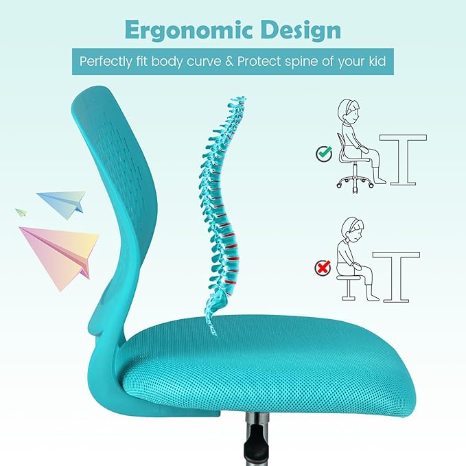 Kids Desk Chair, Ergonomic Kids Office Chair Ages8-12 w/Lumbar Support, Low-Back Teen Desk Chair for Girls Boys, Small Cute Kids Computer Chair for Bedroom/Study/Vanity Desk, Turquoise - LeafyLoom