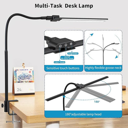 KableRika Desk lamp,Double Head LED Desk Lamp with Clamp,Architect Desk Lights for Home Office,Eye-Caring Desktop Office Lamp 4-brightness 4-Color Table Lamp for Monitor Workbench Study Reading - LeafyLoom