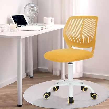 FurnitureR Kids Desk Chair, Small Adjustable Swivel Computer Task Chair with Plastic Backrest and Padded Seat Cushion, Fabric Armless Cute Rolling Child Office Chairs Study Chair, Yellow - LeafyLoom