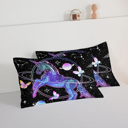 HOSIMA Unicorn Bedding Sets for Girls Kids,Butterfly Star Empty Galaxy Comforter,Unicorn Bedroom Decor for Girls Boys,Soft Microfiber Black King Size Comforter Set,Butterfly Crib Bedding Set. - LeafyLoom