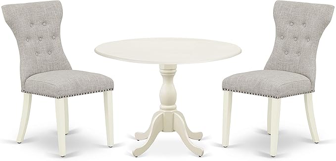 East West Furniture DMGA3-LWH-35 3 Piece Dinette Set for Small Spaces Contains a Round Dining Table with Dropleaf and 2 Doeskin Linen Fabric Parsons Dining Chairs, 42x42 Inch, Linen White - LeafyLoom