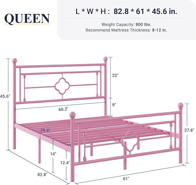 Allewie Queen Size Metal Platform Bed Frame with Victorian Vintage Headboard and Footboard/Mattress Foundation/Under Bed Storage/No Box Spring Needed/Noise-Free/Easy Assembly, Pink - LeafyLoom