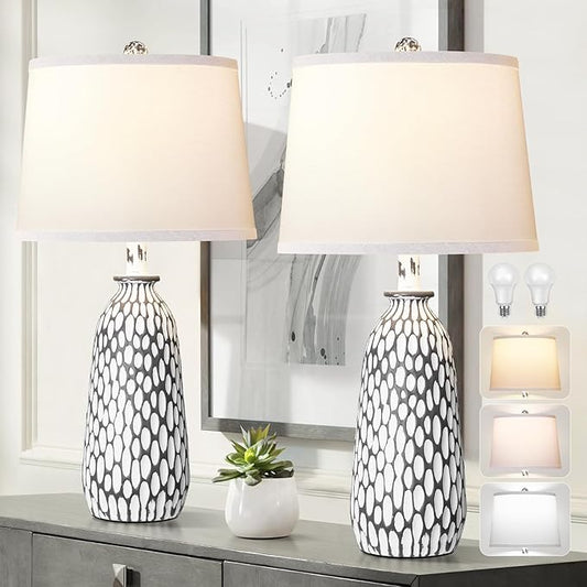 QiMH Modern Coastal Table Lamps for Bedroom Set of 2, Bedside Lamp with White Shade, Gray White Resin Nightstand Lamp for Living Room Home Lighting Decor,3-Color Temperature LED Bulbs Included - LeafyLoom