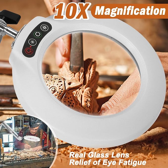 Veemagni 10X Magnifying Glass with Light, 5 Color Modes Stepless Dimmable 2-in-1 Desk Lamp and Clamp, LED Lighted Magnifier with Light and Stand, Hands Free for Craft Hobby Painting Close Work - White - LeafyLoom