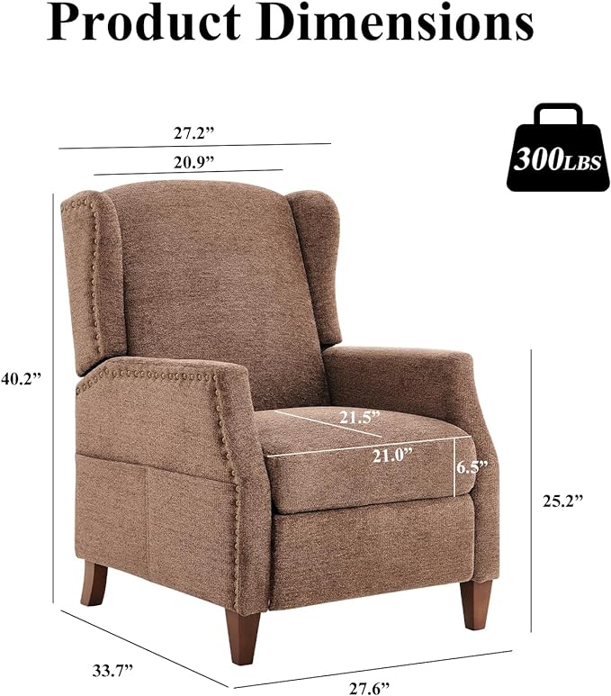 COLAMY Wingback Pushback Recliner Storage Pocket Upholstered Fabric Living Room Chair Armchair, with Wood Legs and Nailhead Trim, Light Brown - LeafyLoom