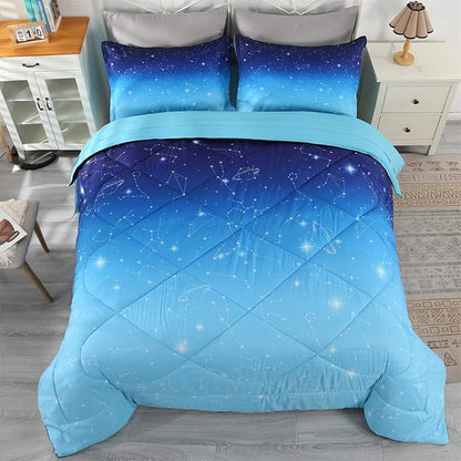 Wowelife Glitter Bedding Set Twin Comforter Set for Girls 5 Pieces Blue Galaxy Comforter Set Twin Bed Set Bed in a Bag with Sheets Comfortable and Breathable for Kids - LeafyLoom