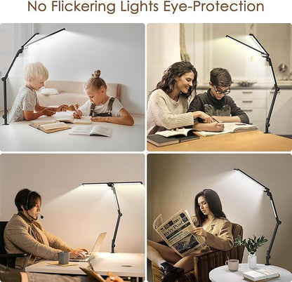 LED Desk Lamp, Flexible Desk Light with Clamp, Dual Light 25 Lighting Eye-Caring Modes Table Lamp with Solid Base, Eye-Caring Desk Lamp with Remote Control,Reading Desk Lamps for Home Office - LeafyLoom