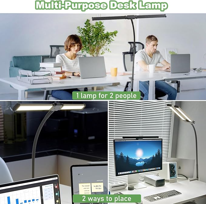 Desk Lamp for Office Home - LED Reading Light 160 LEDs with Clamp Table Lamps Eye-Caring Study Clip on Lights 3 Modes & Stepless Dimming Double Head Computer Lighting for Home, Office and Bedroom - LeafyLoom