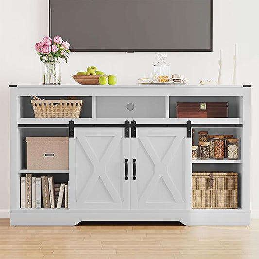 Farmhouse TV Stand for 23" Fireplace, 34'' Tall Entertainment Center for 65+ Inch TV, Rustic TV Console with Sliding Bar Door for Living Room (White) - LeafyLoom