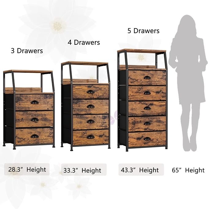 Furnulem Tall 5 Drawers Dresser, Vertical Storage Tower Fabric Dresser for Bedroom, Hallway, Entryway, Nursery, Closet Organizer, Nightstand Bedside Table Furniture, Sturdy Steel Frame, Wood Top - LeafyLoom