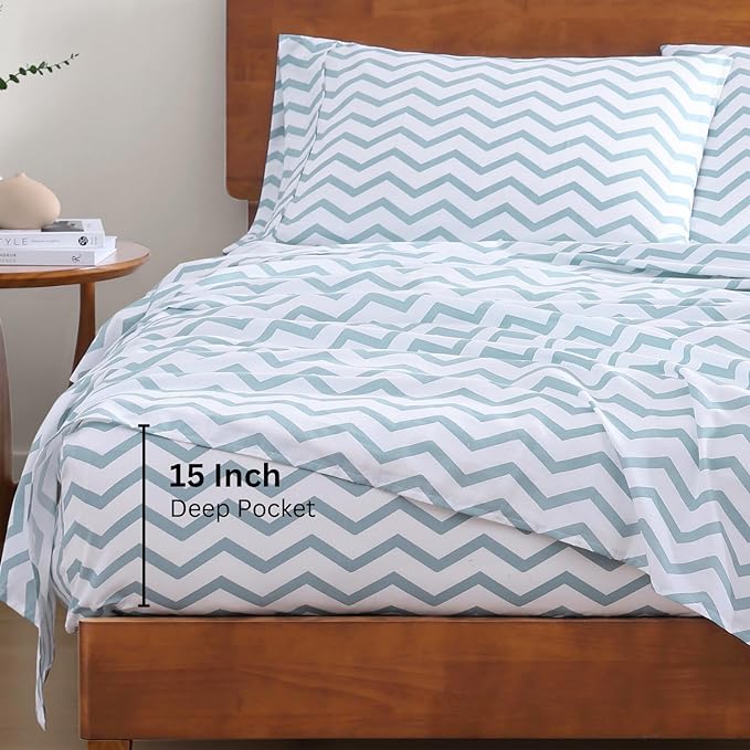 LANE LINEN 100% Organic Cotton Twin XL Sheets Set 3-Piece Pure Percale Bedsheets Bedding Breathable Fits Mattress Upto 15" Deep - Cool Blue Chevron - LeafyLoom