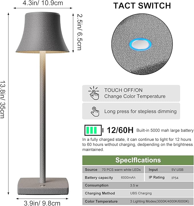 Cordless Table Lamp, Rechargeable Battery 5000mAh Metal Aluminum Housing USB LED Portable Powered Desk Lamp, 2 Levels Brightness Night Light for Restaurants Bedroom Outdoor (ferrous gray) - LeafyLoom