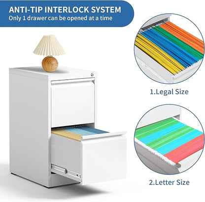 2 Drawer File Cabinet with Lock, Metal Vertical Filing Cabinets for Home Office, Steel Storage Cabinet for Hanging Legal/Letter Size Files, Assembly Required (White) - LeafyLoom