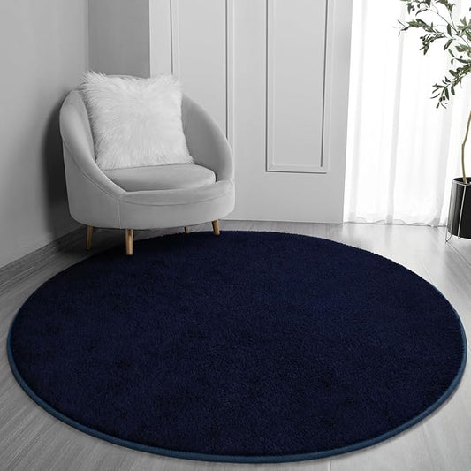 Round Area Rugs for Bedroom Living Room, 5x5 Navy Blue Super Soft Comfy Thickened Memory-Foam Indoor Circle Carpets, Modern Aesthetic Minimalist Carpet for Boys Girls Adults Nursery Home Décor - LeafyLoom